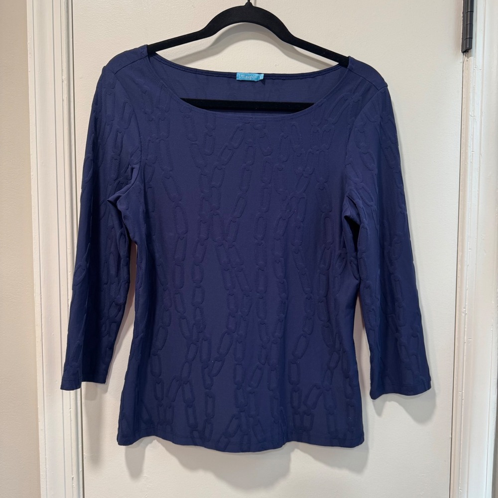 J.McLaughlin Navy‎ Blue Textured Chain Link Jacquard Boat Neck 3/4 Sleeve Top M